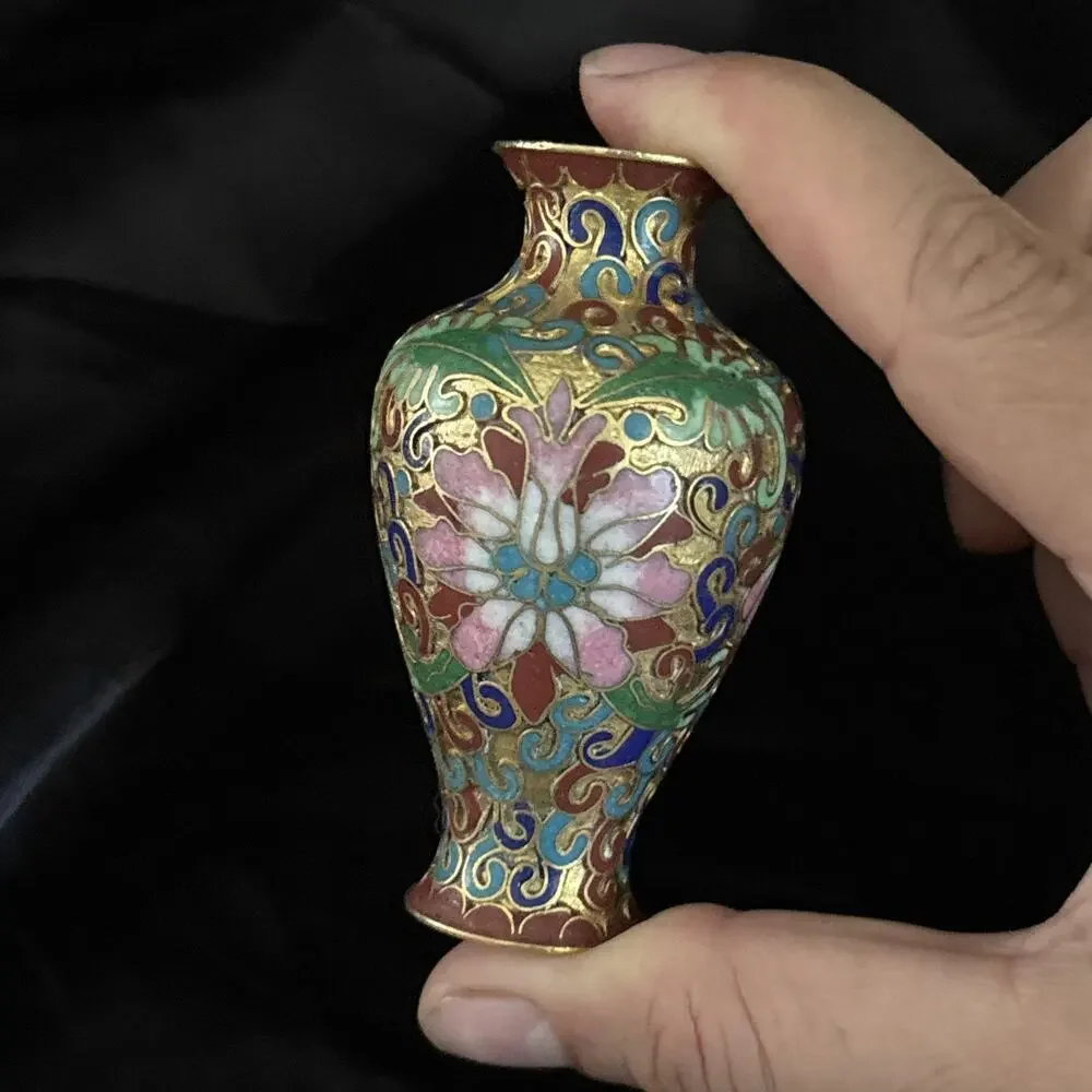 2 Vintage Cloisonné Vase Set Mini Vases Vibrant Blue Pink Gold Floral Design 3”